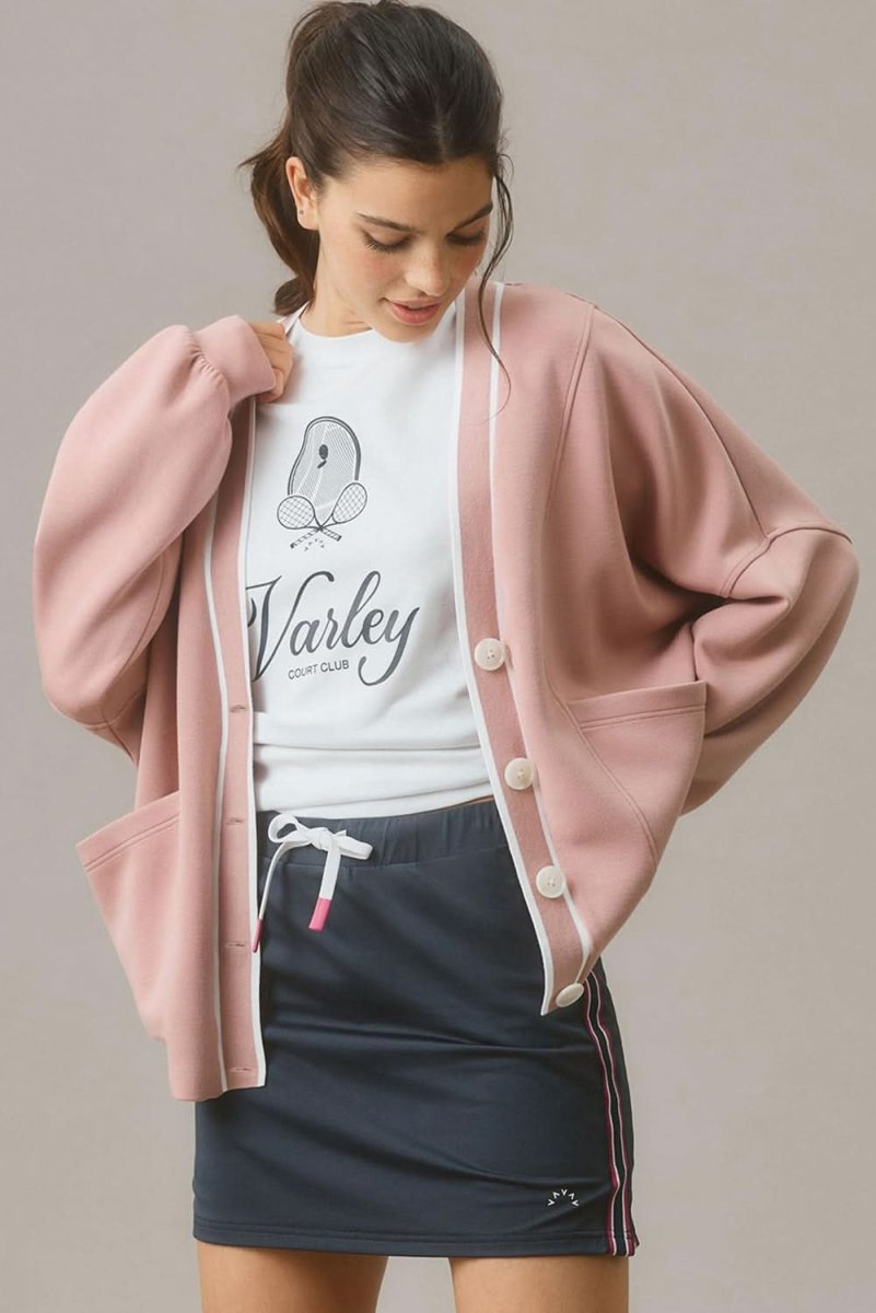Pink Striped Oversized V-Neck Cardigan with Contrast Trim and Pockets - Love Salve